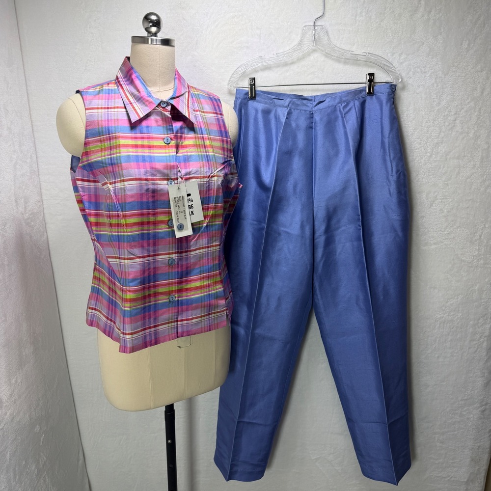 Piano Womens 2-Piece 100% Silk Pant Suit Plaid Top Blue Trousers Size 12 NWT